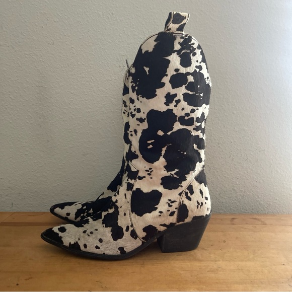 DINGO Black Cow Print Pointed Toe Boots DI127 Live a Little Leather Real Fur Sz7 - Picture 3 of 15